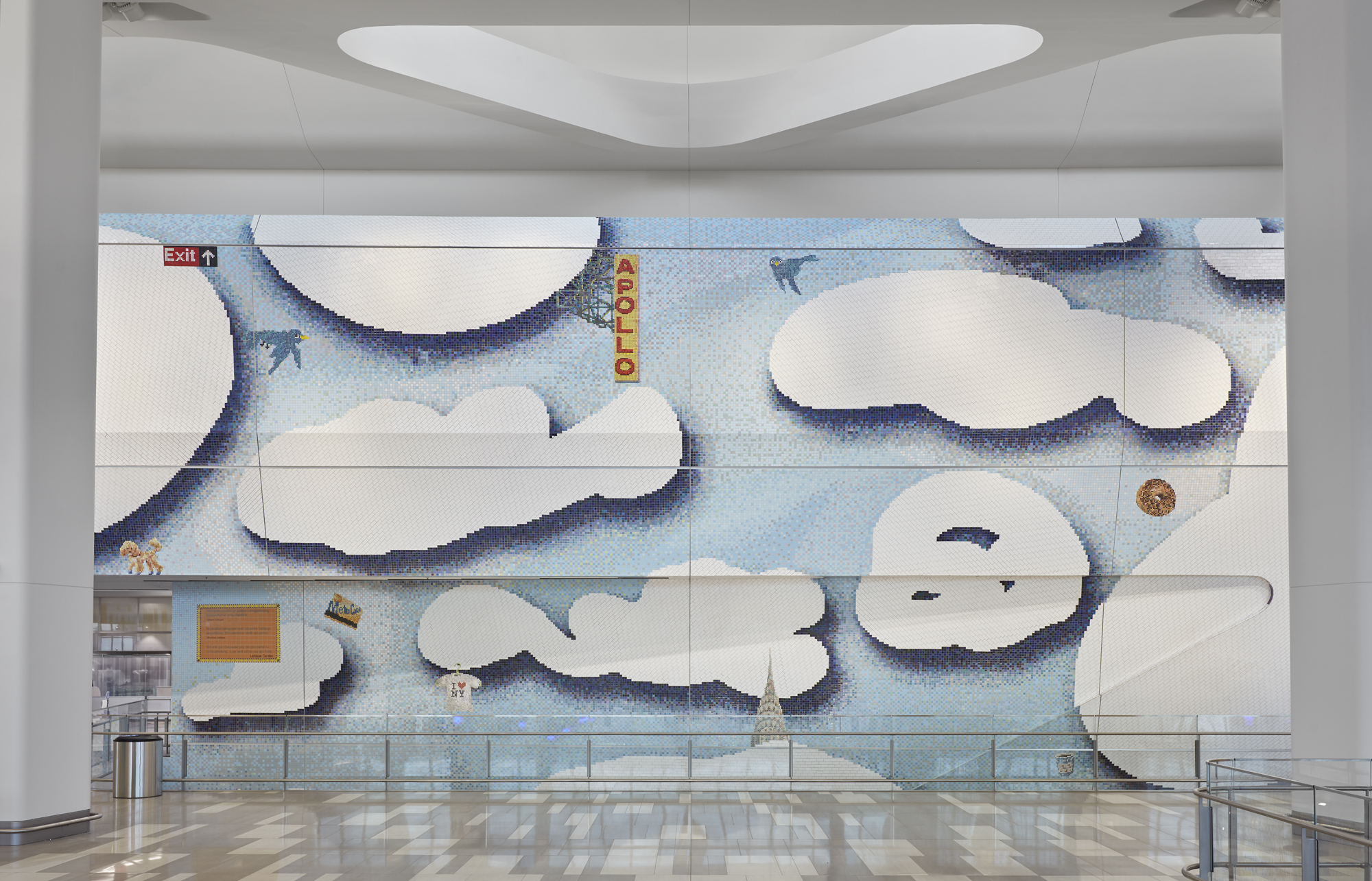 An expansive tiled mosaic featuring a light blue sky filled with illustrative clouds, along a floating bagel, the top of the Empire State Building, and an I Heart...