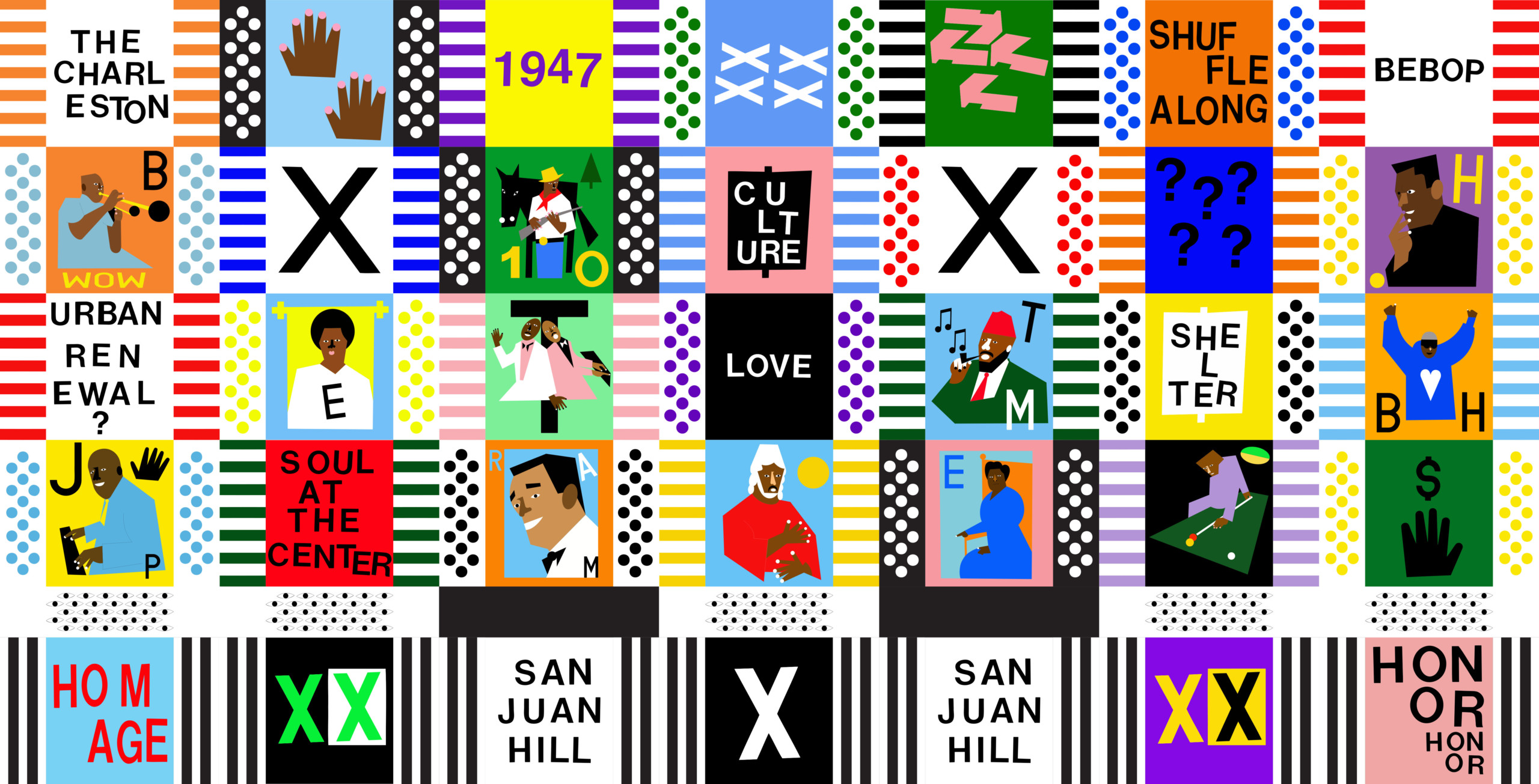 A colorful graphic artwork made up of a grid of significant San Juan Hill figures and historical references.