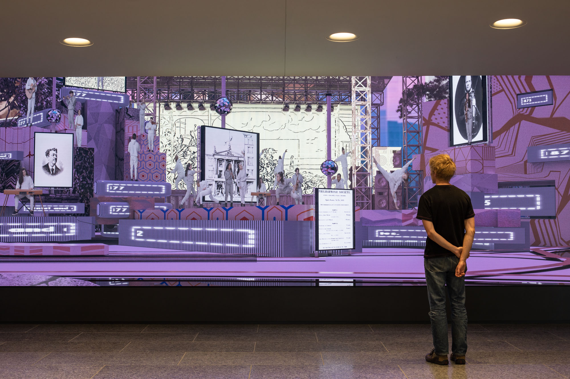 A colorful and densely layered panoramic film still weaving together archival images, live action footage if dancers and musicians, and digital animation. Dominant...