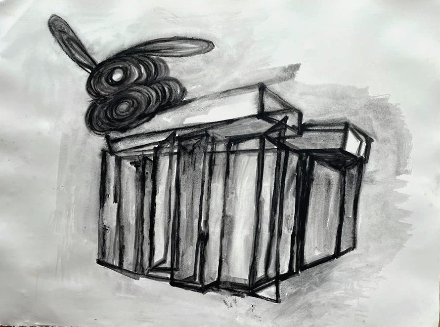 A black and white drawing depicting a stack of lockers surmounted by a rabbit-resembling form.