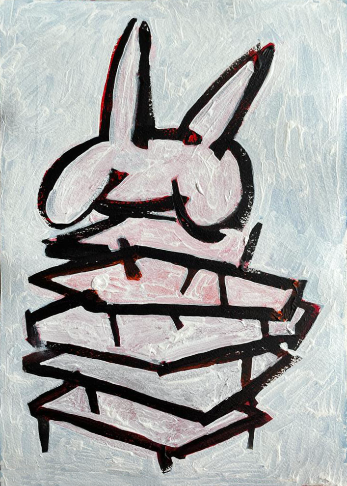 A black and white painting depicting a stack of tables surmounted by a rabbit-resembling form.