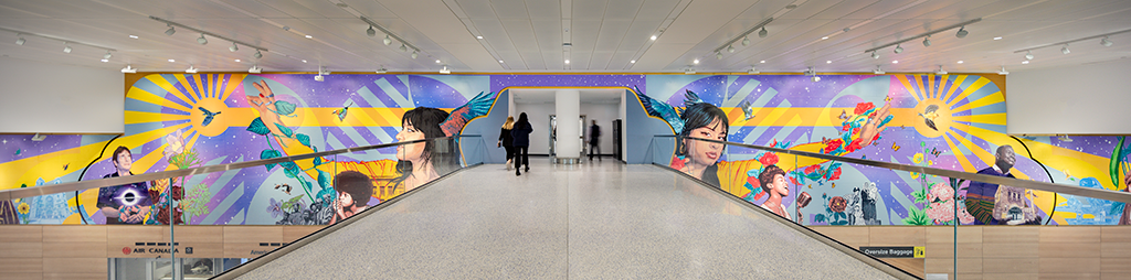 A brightly colored horizontal mural in an airport terminal featuring Newark Airport employees and notable historical icons in the New Jersey region, with a blue...