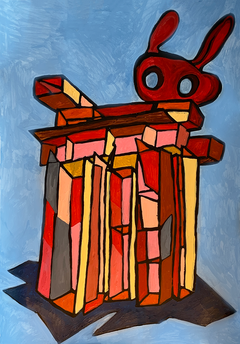 A painting of a red, orange, and coral structure of stacked infrastructure surmounted by a rabbit-resembling form, set against a periwinkle background.