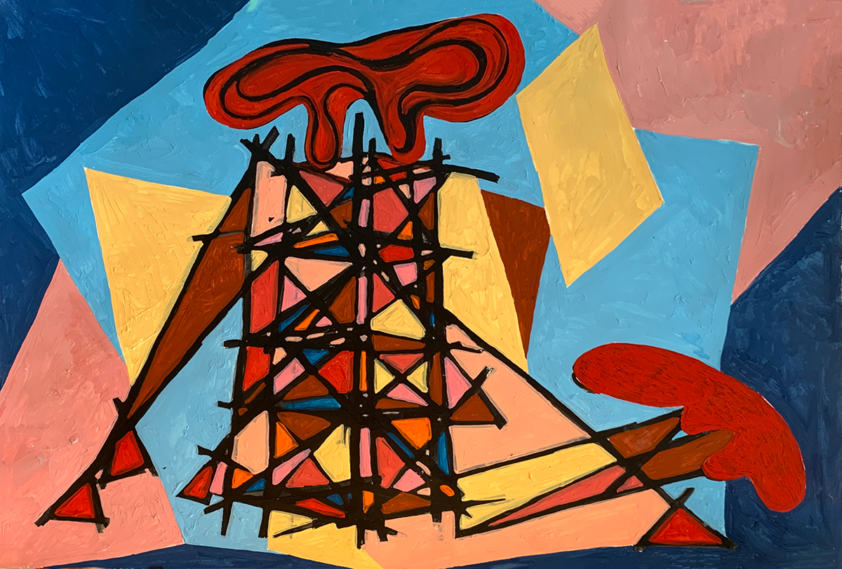 A painting of a red, orange, and coral structure of stacked scaffolding surmounted by a rabbit-resembling form, set against a geometric yellow, blue and pink background.