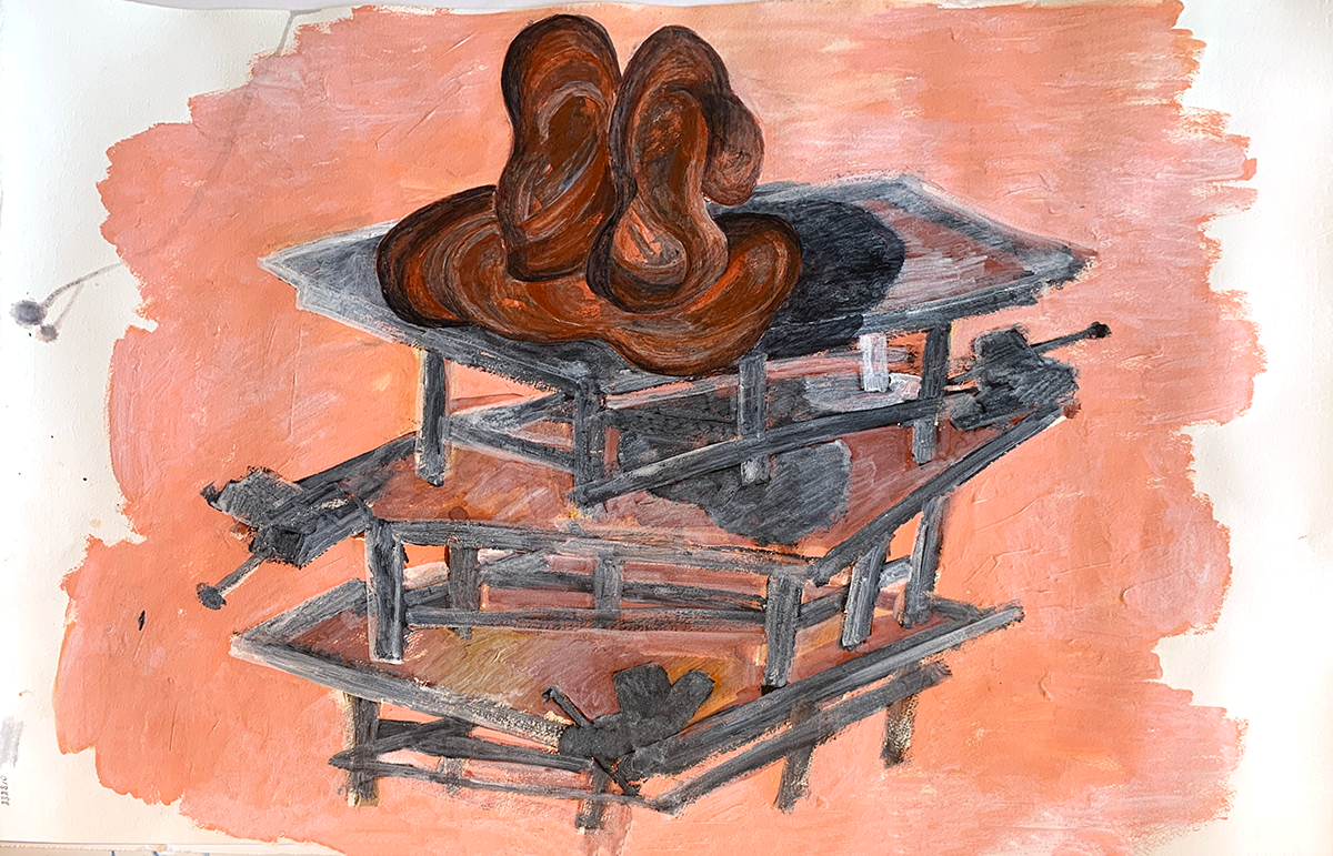 A painting of a structure of stacked tables surmounted by a brown rabbit-resembling form, set against a pastel coral background.