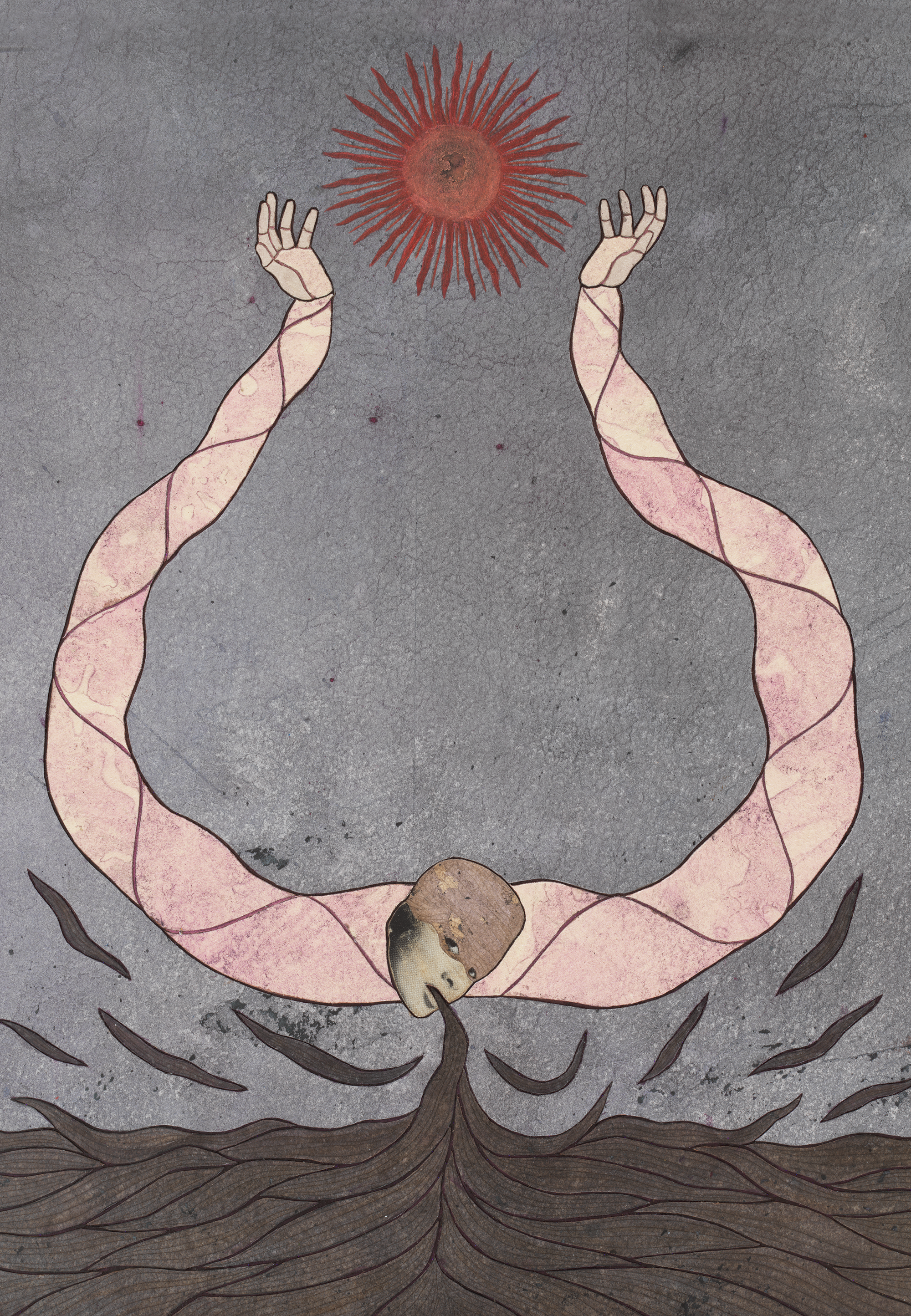 A single symmetrical, layered hybrid figure that merges human, artifact, animal, and vegetation is set against a textured gray background. Composed of large pink...