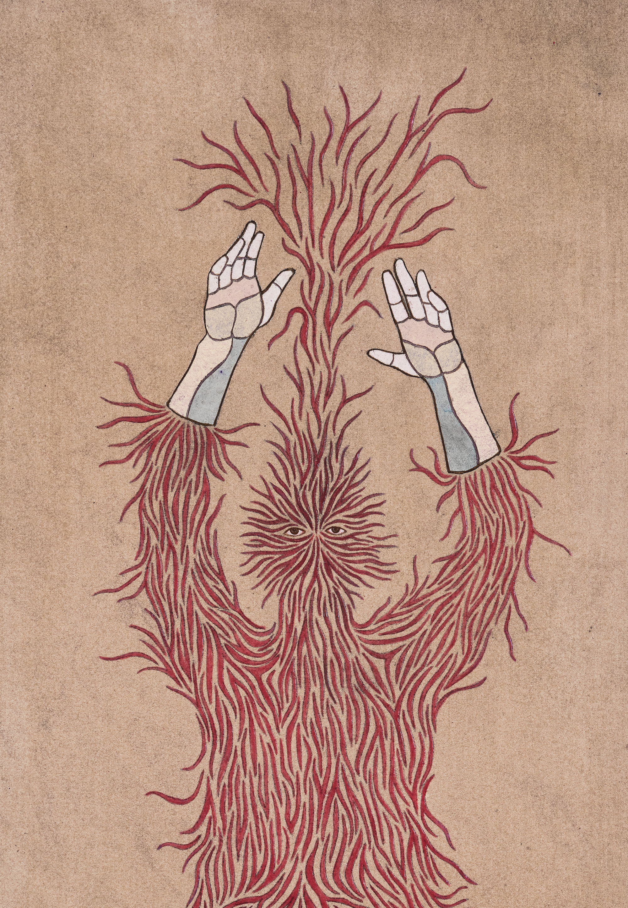 A single symmetrical, layered hybrid figure that merges human, artifact, animal, and vegetation is set against a textured tan background. The figure is composed...