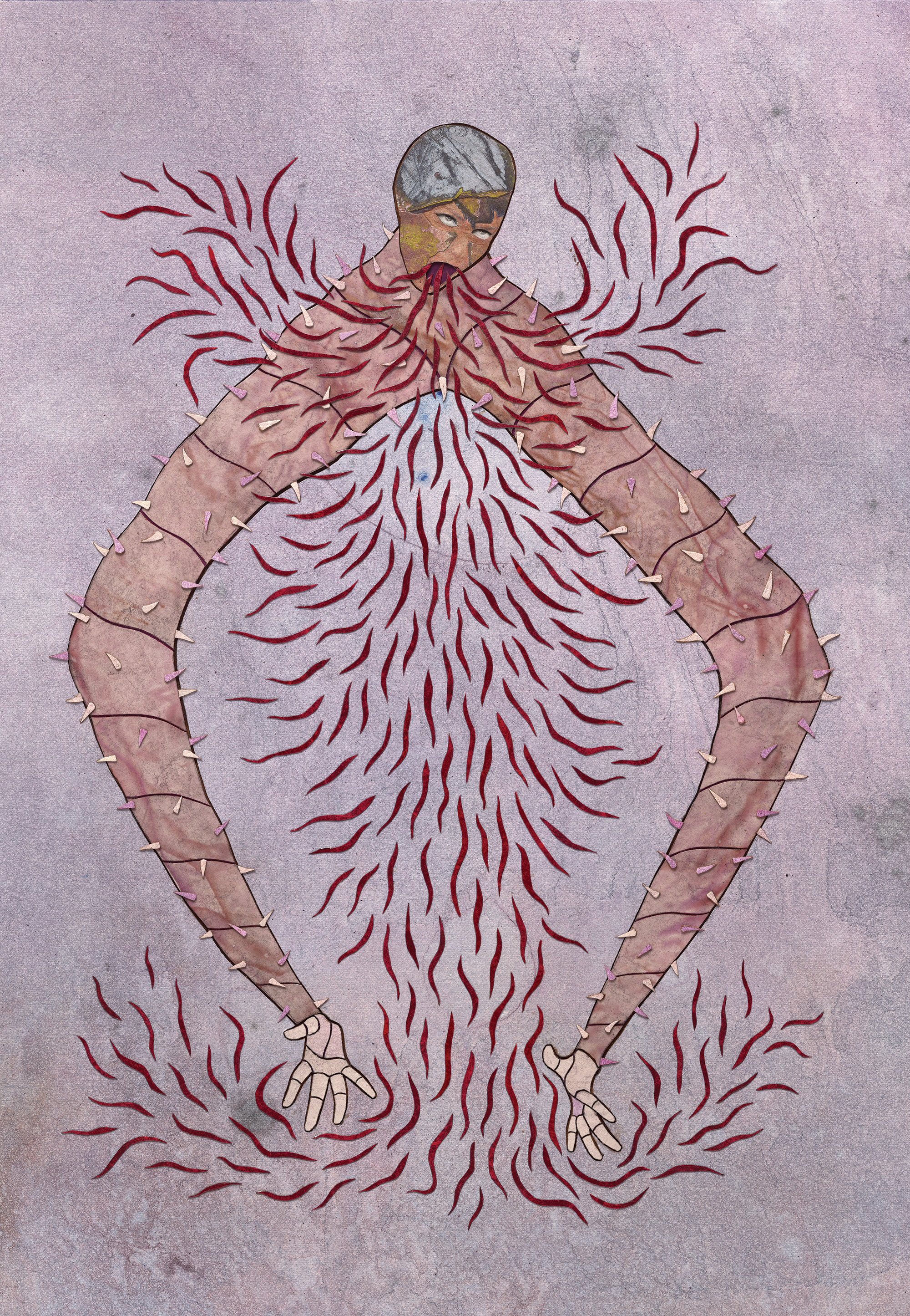 A single symmetrical, layered hybrid figure that merges human, artifact, animal, and vegetation is set against a textured lavender background. The figure is suspended...