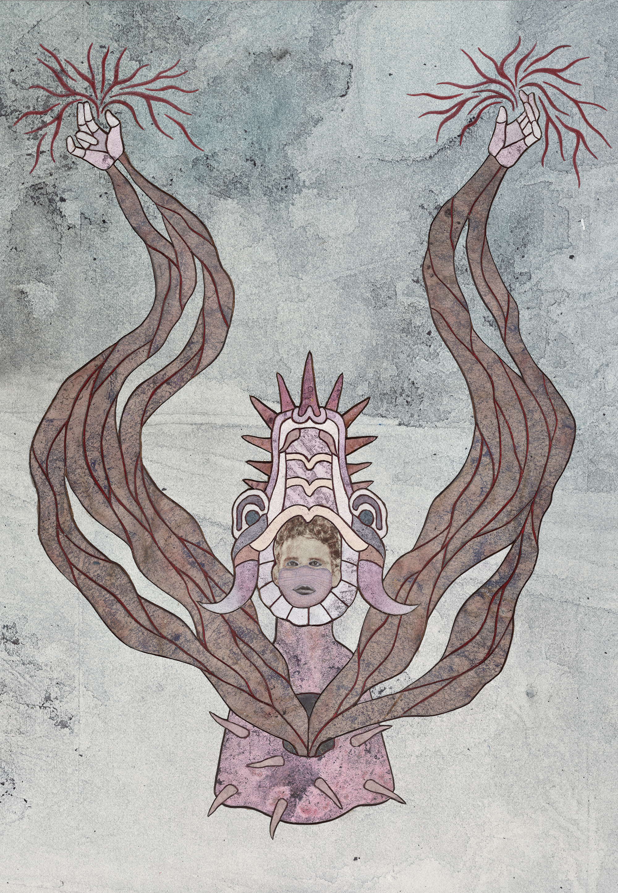 A single symmetrical, layered hybrid figure that merges human, artifact, animal, and vegetation is set against a textured pale gray background. The figure is suspended...