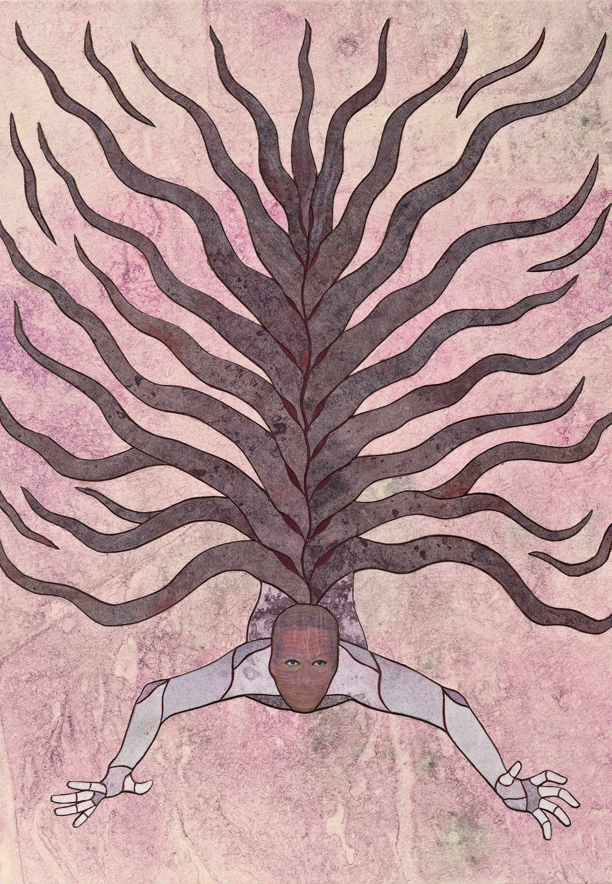A single symmetrical, layered hybrid figure that merges human, artifact, animal, and vegetation is set against a textured pale pink background. The figure is suspended...