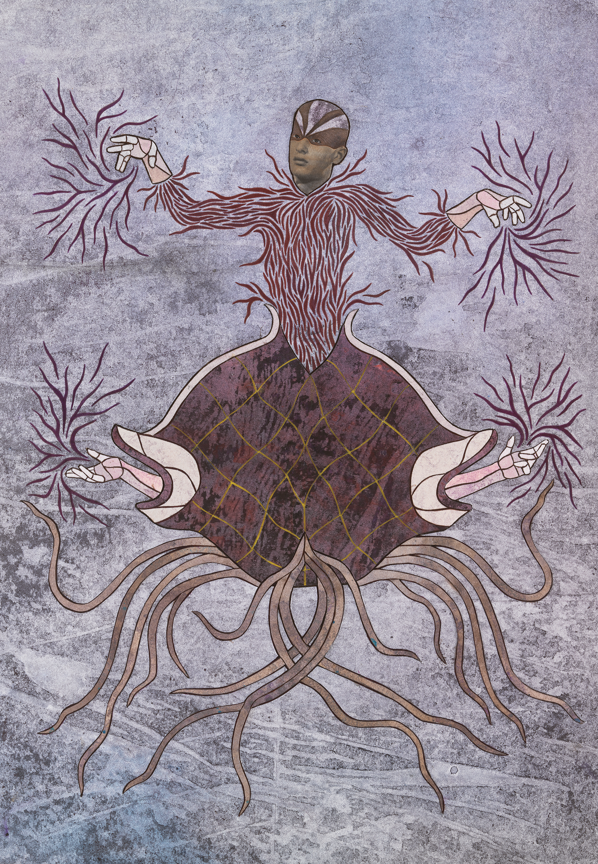A single symmetrical, layered hybrid figure that merges human, artifact, animal, and vegetation is set against a textured lavender background.