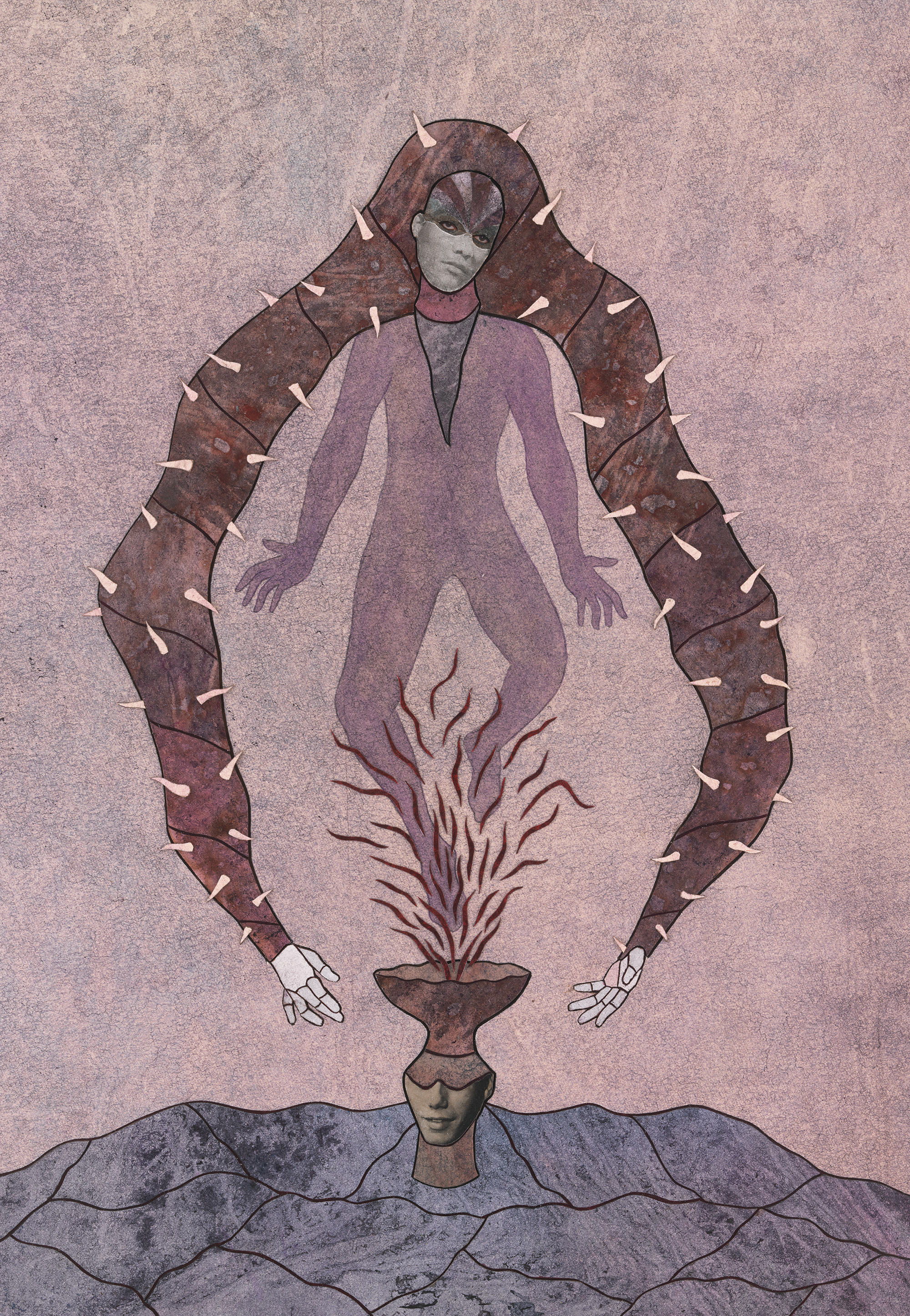 A single symmetrical, layered hybrid figure that merges human, artifact, animal, and vegetation is set against a textured dull pink background. The figure appears...