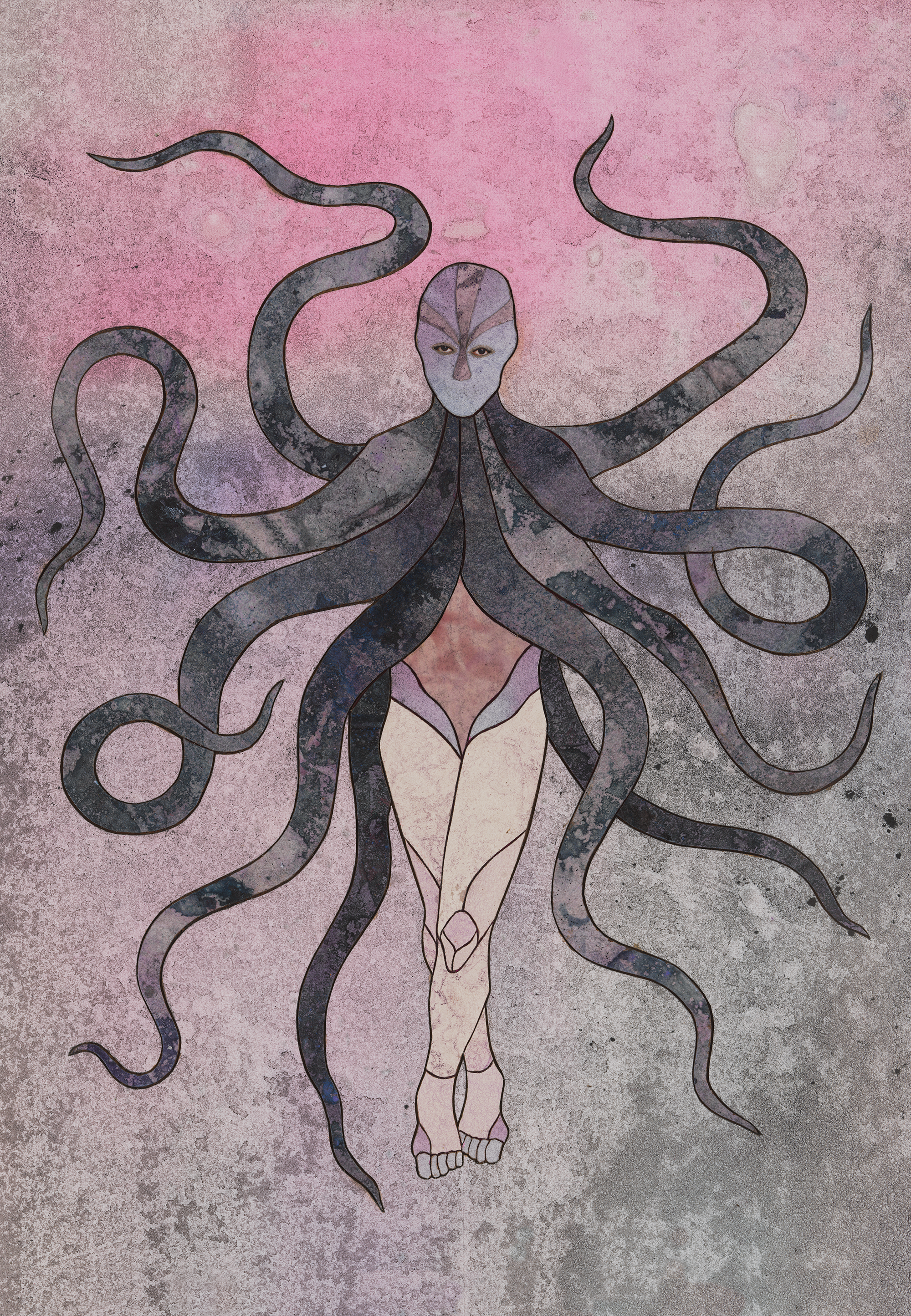 A single symmetrical, layered hybrid figure that merges human, artifact, animal, and vegetation is set against a pastel pink and purple background. The surface...