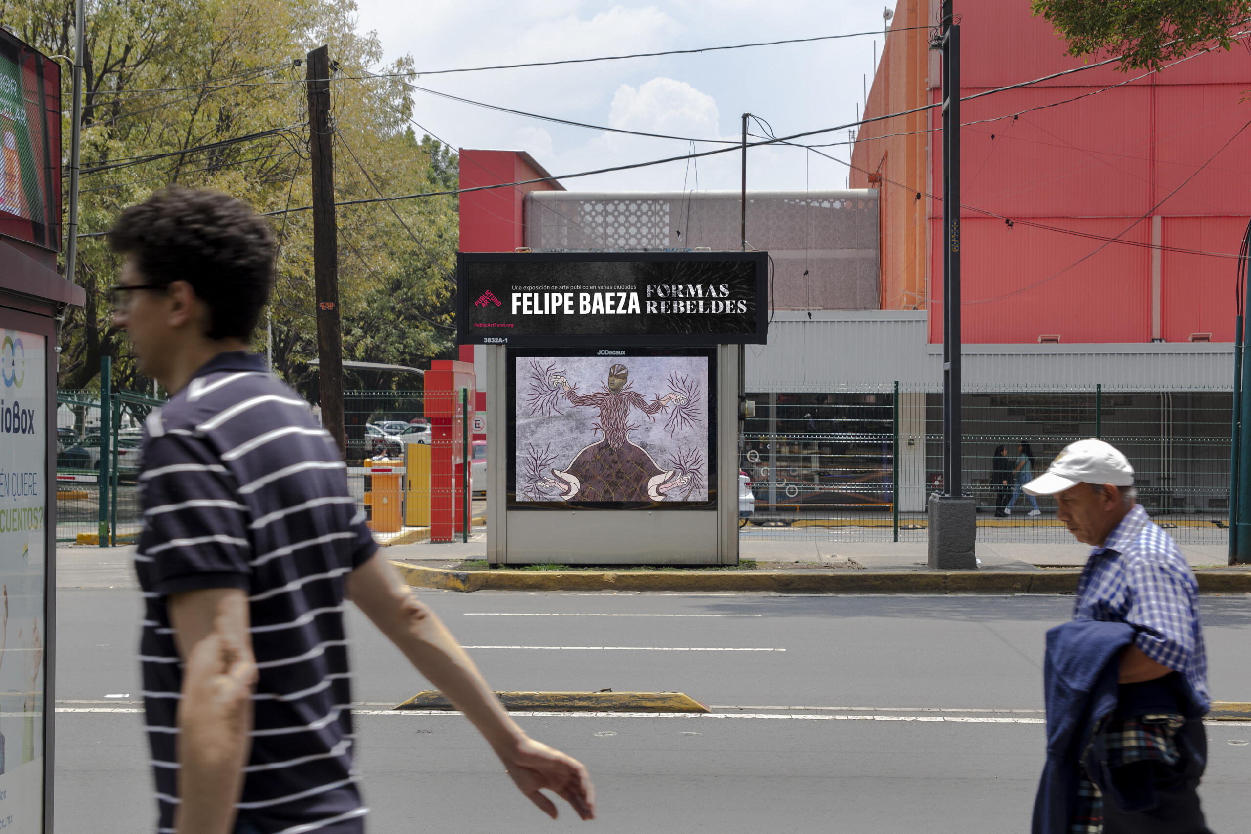 Pictured on a bus shelter on a busy city street is a layered hybrid figure that merges human, artifact, animal, and vegetation.